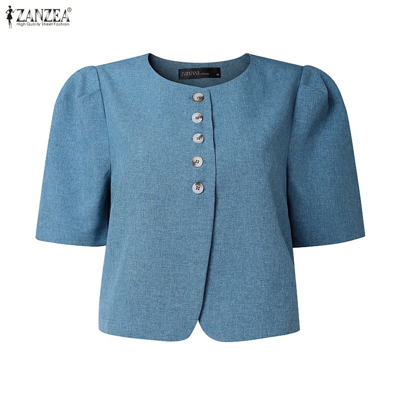 ZANZEA Damen Lässige Runde Hals Sommer Kurzarm Knopf Bluse