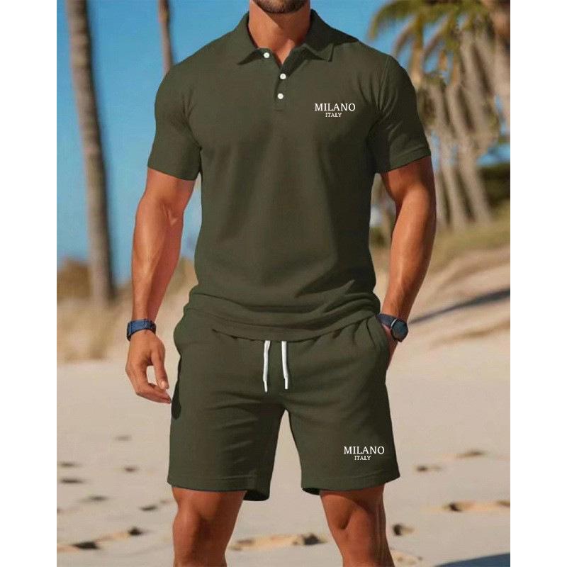 Men's Casual Summer Two-Piece Set: Short Sleeve Polo & Shorts with Letter Print