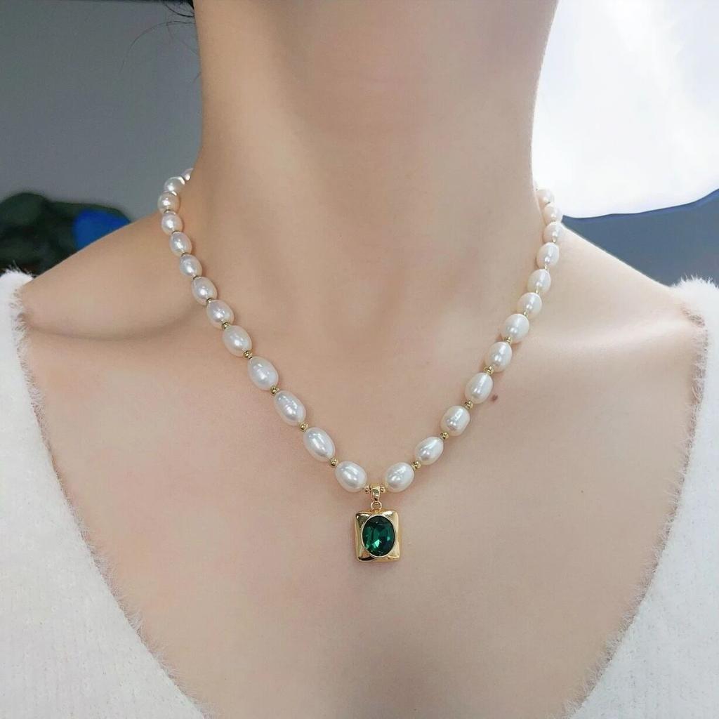 New Arrival Trendy Green Crystal Natural Freshwater Pearl 14K Gold Filled Female Pendant Necklace Promotion  Gift No Fade