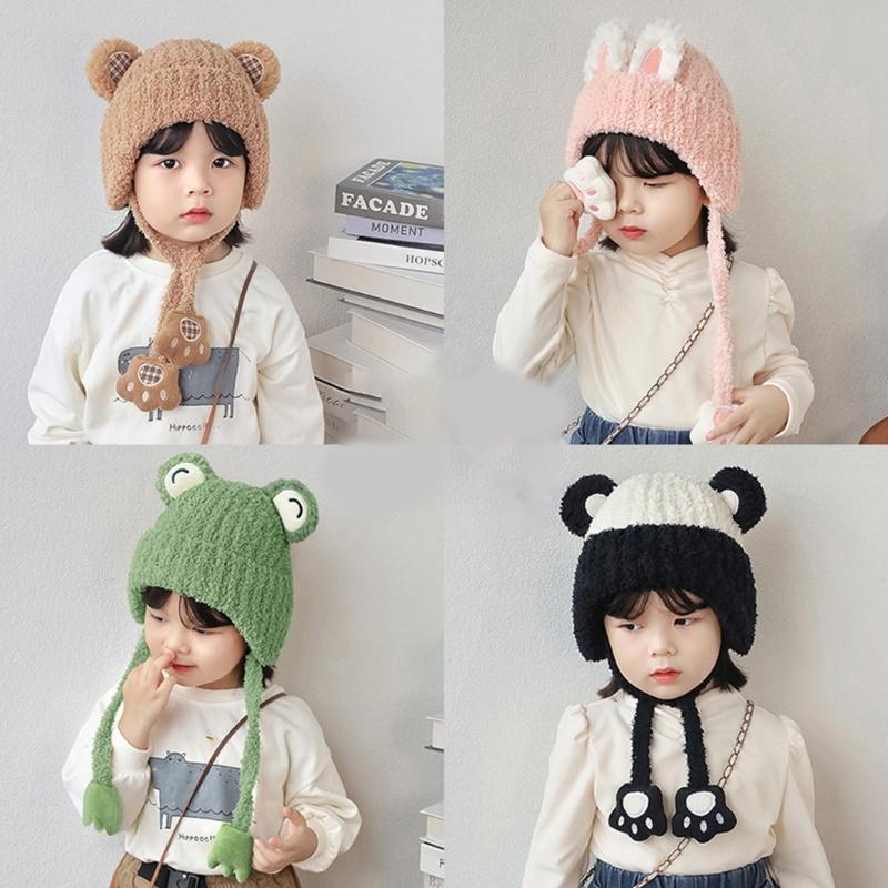 Autumn Winter Warm Hat with Earflap and Chin Strap Ties Cute Cartoon Beanie Cap Soft Bonnet Warm Headwear for Kids