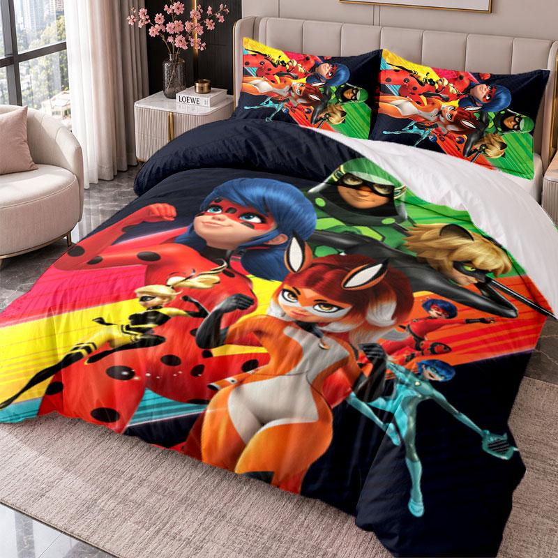 Miraculous Ladybug 3-teiliges Bettwäscheset Bettbezug mit zwei Kissenbezügen für Schlafzimmer Heimdekoration