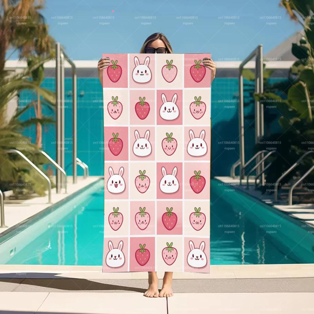 Cute Strawberry Bunny Print Beach Towel, Soft Microfiber Quick Dry Bath Towel for Women Girls