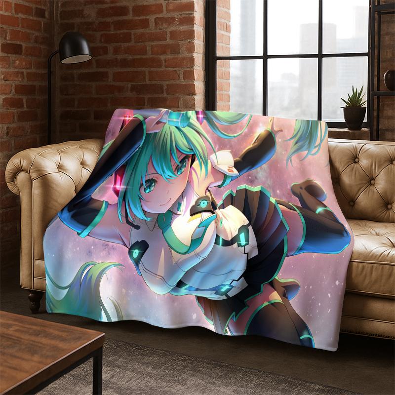Cartoon M-MIKU Music Girl Flannel Blanket Soft Warm Blanket Throw Blanket for Bedroom Living Room Bed Travel Picnic Gift Kid