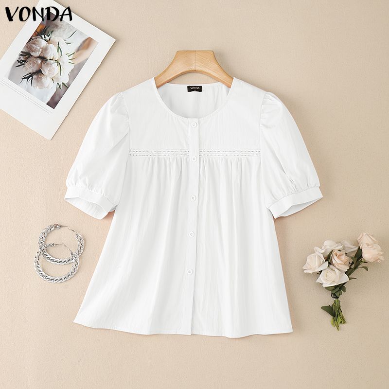 VONDA Wemen Casual Round Neck Puff Sleeve Embroidery Hem Buttons Blouse