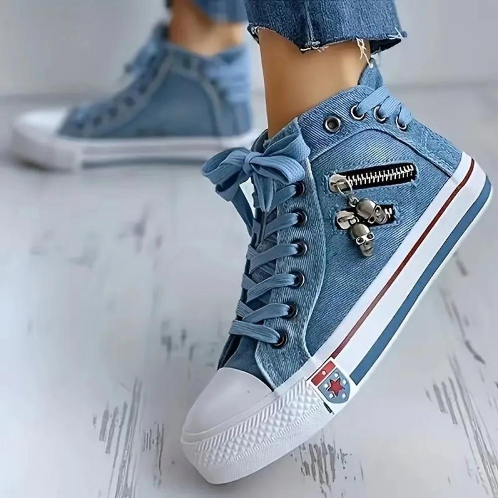 Fashion 2025 New Women Canvas Shoes Retro Lace Skull Light Blue Retro Denim High Top Sneakers Classic Metal Decoration Casual Zapatillas