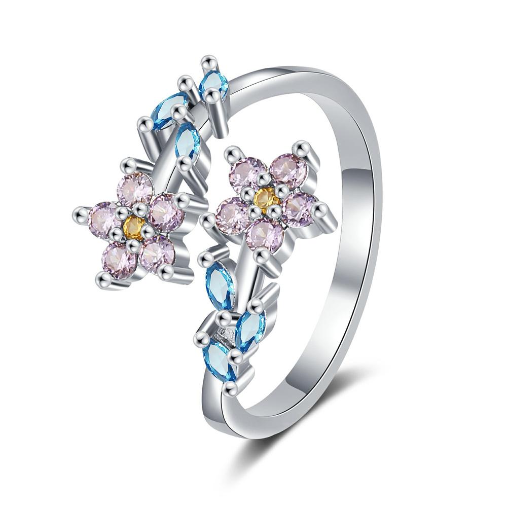 Charm Female Rainbow Zircon Stone Leaf Flower Adjustable Open Ring Gold Silver Color Cute Gift Wedding  For Women