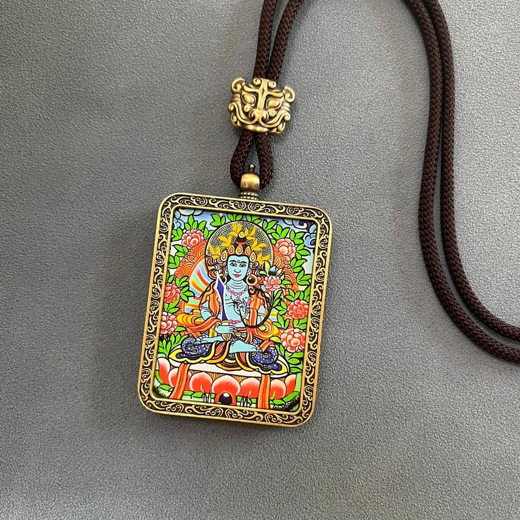 Thangka Pendant Necklace - Yellow & Black Guardian Buddha Amulet