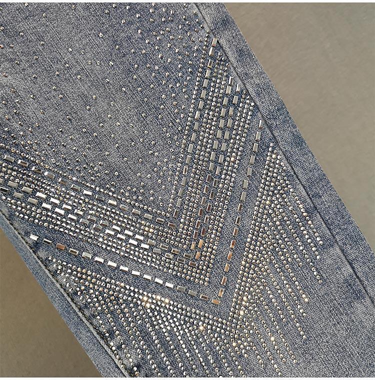 Europäische Skinny Jeans mit Strasssteinen und Hoher Taille für Damen - Sommerkollektion 2025, Slim Fit Cropped Gerade geschnitten