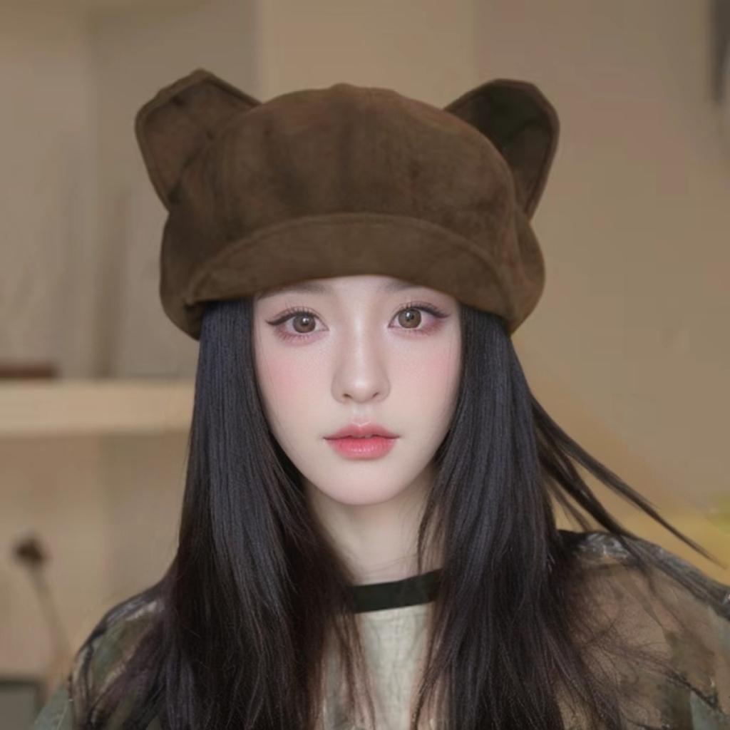 Autumn and Winter New Suede Cat Ear Octagonal Hat for Women Sweet Niche Face Showing Versatile Duck Bill Painter Hat