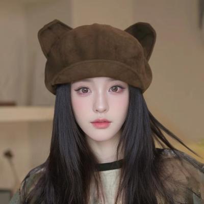 Autumn and Winter New Suede Cat Ear Octagonal Hat for Women Sweet Niche  Face Showing Versatile Duck Bill Painter Hat