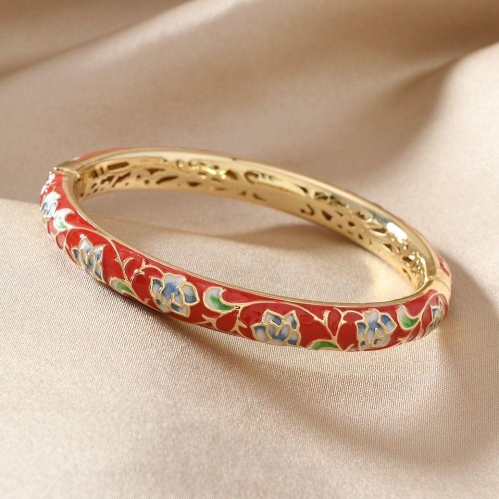 Traditional Vintage Cloisonne Bangle Peony Floral Women's Hand Bracelet  Gifts for Women Girl