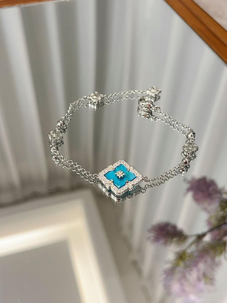 Italienisches Gebürstetes Wasserwellen Blaues Halsketten Armband Set Vielseitige Retro Hof Vierblättriges Kleeblatt Ohrringe