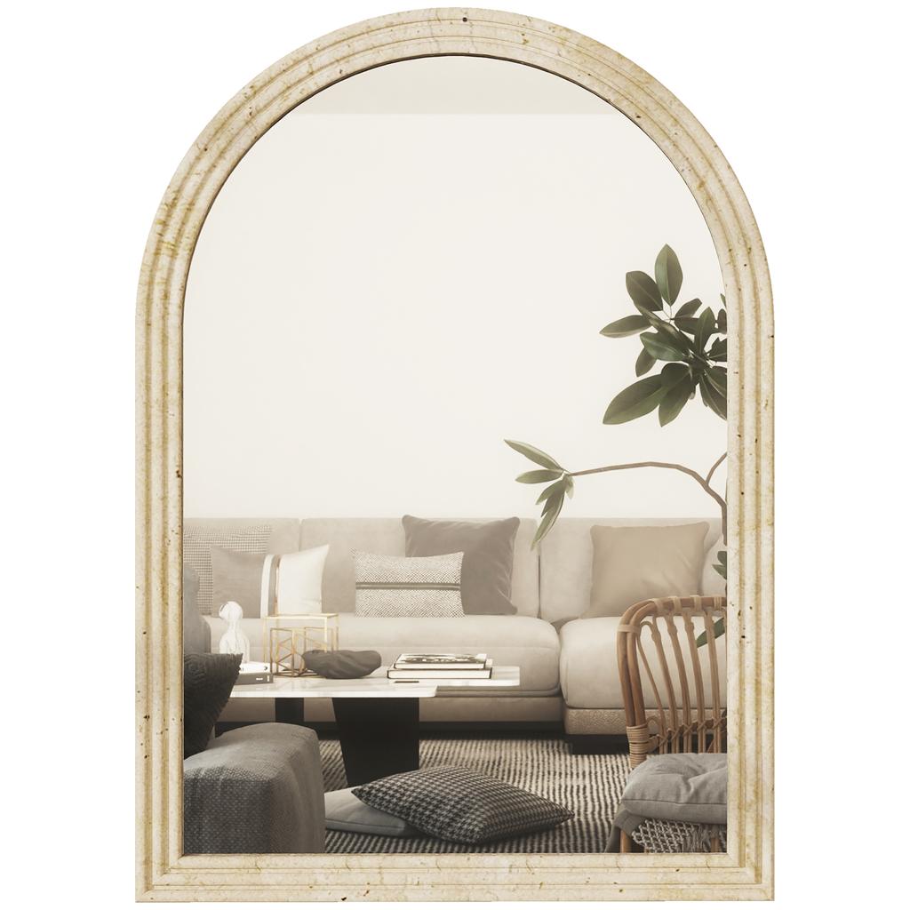 Arched Wall Mirror, Grooved Edge, Hooks, Tempered Glass, Polystyrene, 60 x 90 cm, Beige