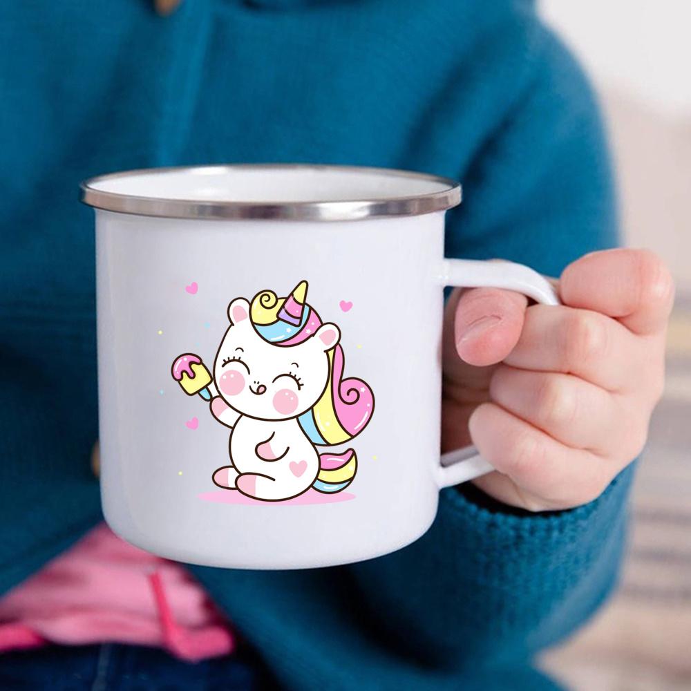 Cartoon Unicorn Printed Creative Mug Water Juice Drinks Milk Cup Enamel Mugs Handle Drinkware Kids Birthday Children's Day Gift