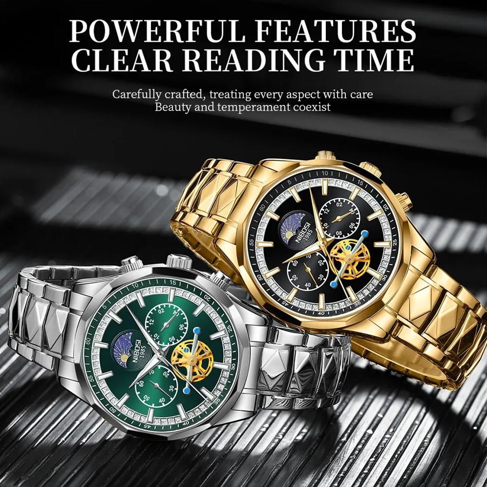 NIBOSI Star Moon Phase Watches Men Top Brand Luxury Automatic Watch for Men Luminous Waterproof Stainless Steel Quartz Clock