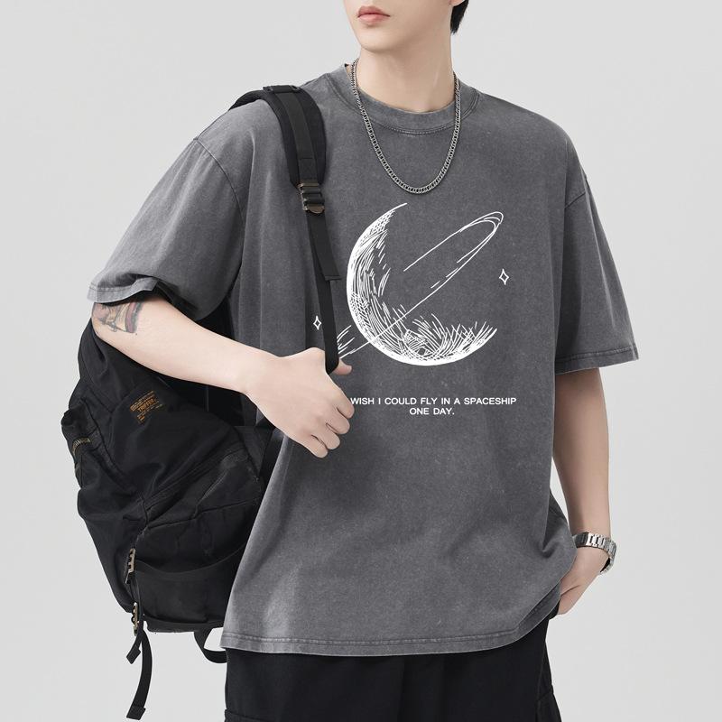 230g Ciężko Prana Wodą Smażona Płatek Śniegu Luźny Krój Bawełniany T-shirt Krótki Rękaw Cienki Drukowany Krótki T-shirt