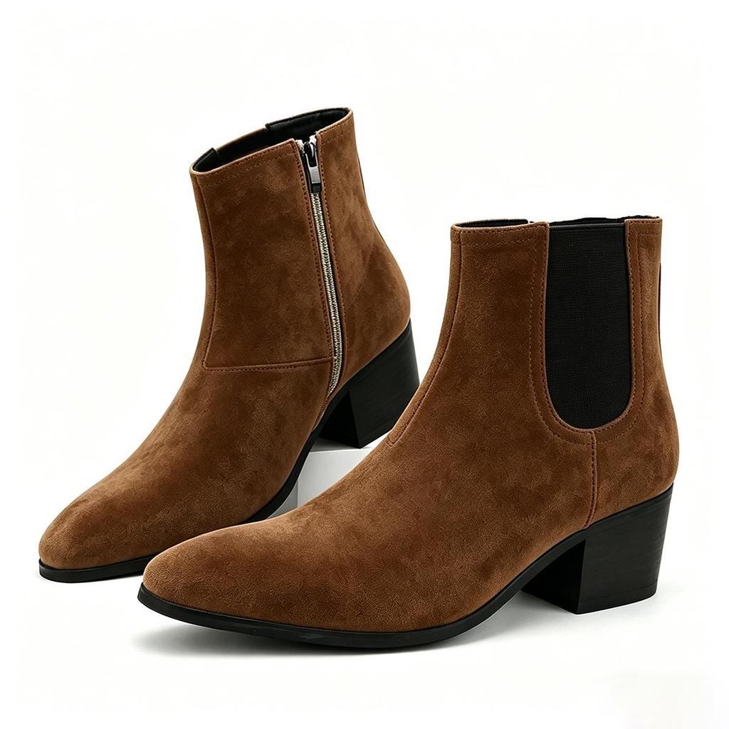 Men's High Heel Chelsea Boots - Autumn/Winter Fashion, Square Toe, Height-Enhancing Short Boots.