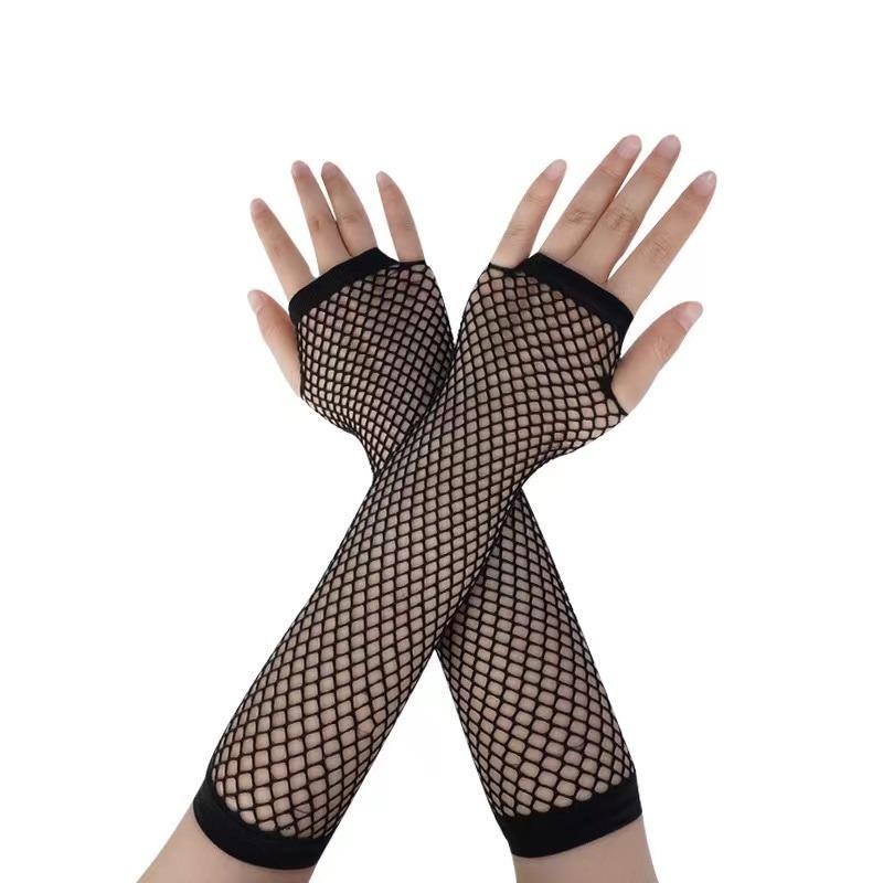 Black Neon Fishnet Fingerless Long Gloves Arm Cuff Party Wear Fancy Dress for Women Sexy Girls Punk Goth Dance Party Mesh Gloves