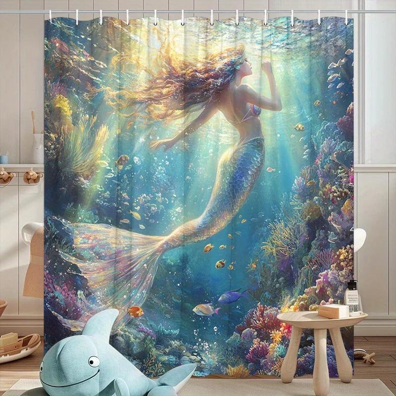 Enchanting Mermaid Shower Curtain - Vibrant Underwater Coral Reef Design For Modern Bathroom Décor, Waterproof & Easy Care
