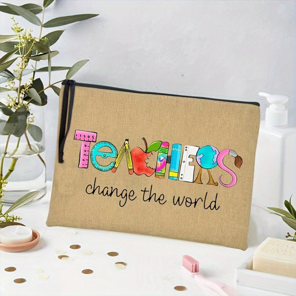 1pc "Teacher Change The World" Printed Cosmetic Bag, Women Travel Makeup Storage Bag, Back To School Teacher Gift