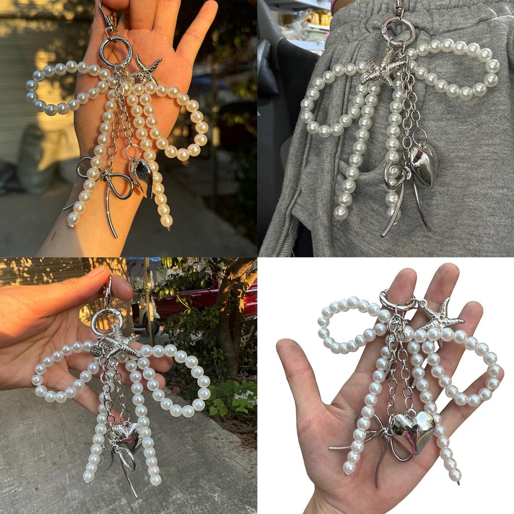 Elegant Pearls Bowknot Keychain Charms Fashion Pearls Bowknot Keychain for Women Exquisite Beaded Keyring Accessories