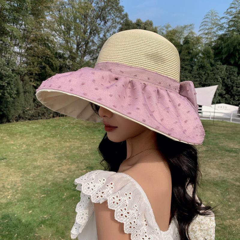 

Летняя сетчатая шляпа от солнца, солнцезащитная шляпа, детская шляпа-ведро, с широкими полями, зрительно уменьшающая лицо, элегантная шляпа-колокол, универсальная соломенная шляпа с бантом M（56-58cm）