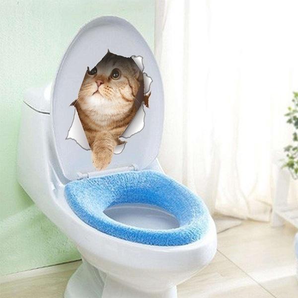 1PC Adesivo de Parede 3D Gato com Vista pelo Buraco Banheiro Vaso Sanitário Quarto de Criança Decalques de Decoração de Parede