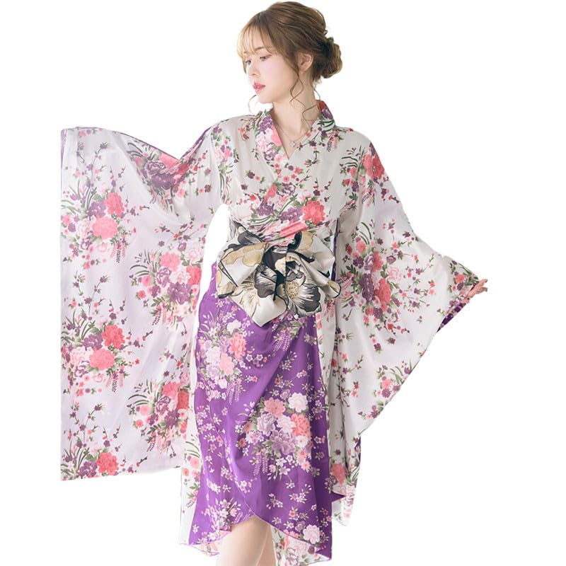 

Love Rich Floral Ribbon Oiran Kimono Dress Cosplay Event Halloween White Purple FREE [LoveRich] [1198]