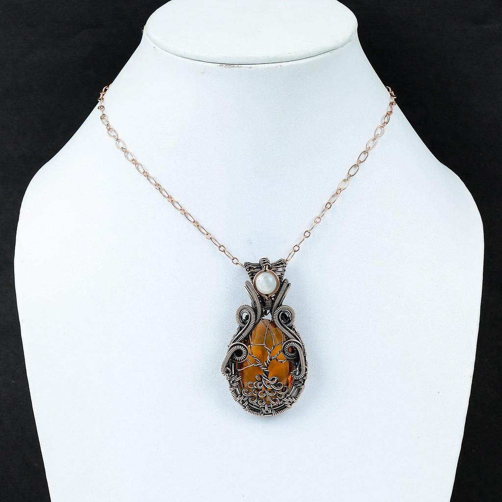 Citrine & Moonstone Gemstone Handmade Pure Copper Wire Wrap Jewelry Pendant For Thanksgiving