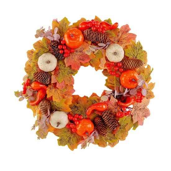 18 Inch Fall Wreath for Front Door Autumn Artificial Wreath with Pumpkin Maple Leaves Berries Pine Cones for Thanksgiving Harvest Indoor Outdoor Home