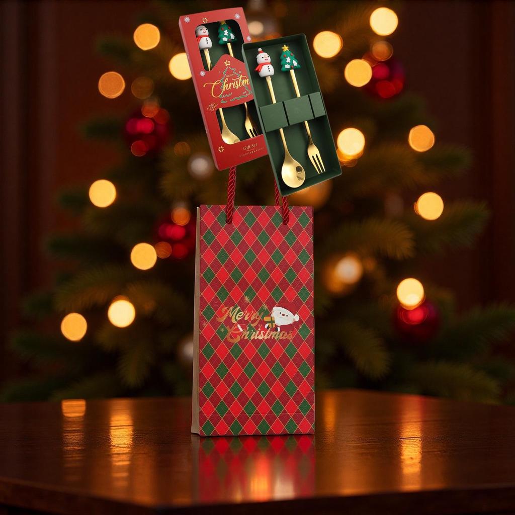 Christmas Cartoon Cutlery Set: Forks, Spoons, and Gift Box Featuring Cute Reindeer and Tree Designs.