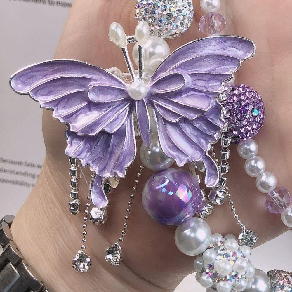 Glitter Butterfly Key Chain Pearl Beaded Cell Phone Lanyard Fashion Beads Bag Pendant  Key Chain