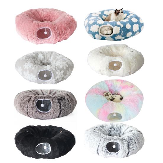 Plush Cat Tunnel Bed with Hanging Balls Washable Indoor Kittens Donut Tunnel Toy Small Large Cats Pets Round Peekaboo Cave Play Tunnel Pet Supplies
