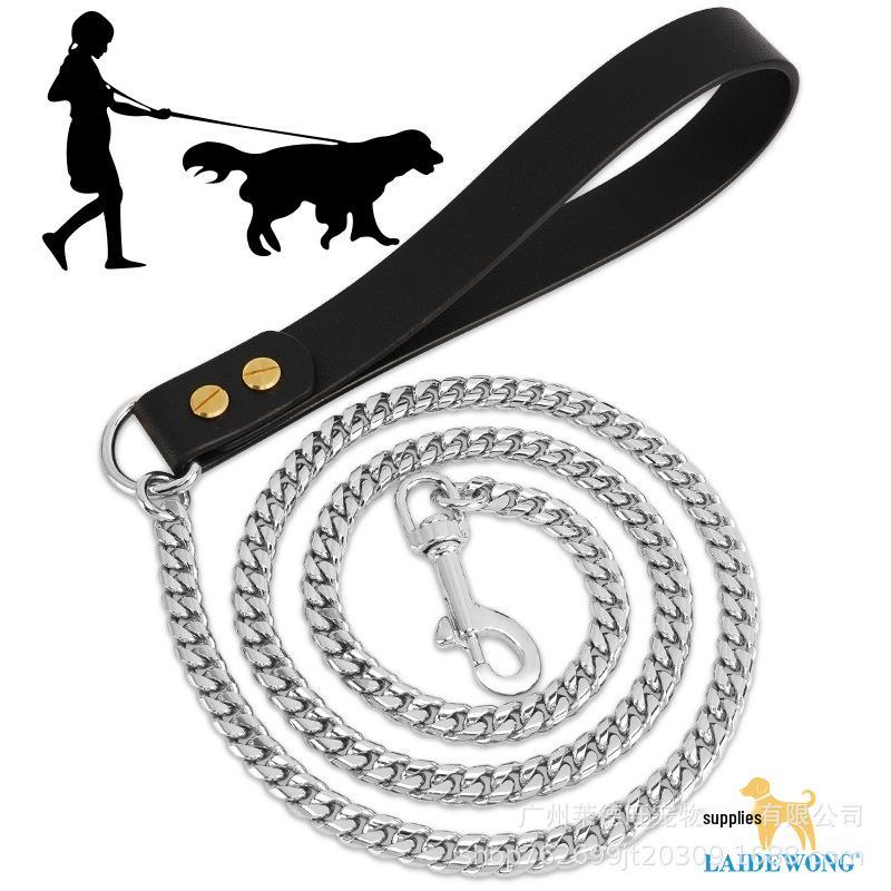 10mm Gold Stainless Steel Dog Leash with Leather Handle - Cuban Link Design 60 cm