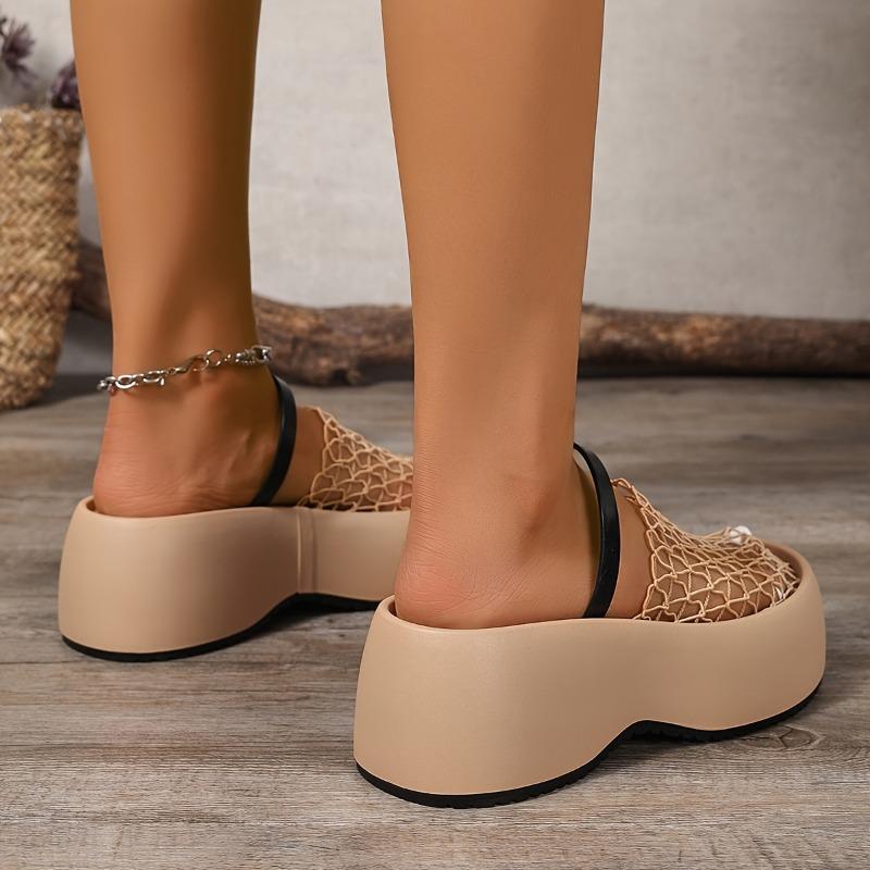 Stylish Black Mesh Fishnet Women's Casual Platform Sandals | Thick Cushioned Sole, Comfortable Slip-On Round-Toe Shoes for All-Season Wear