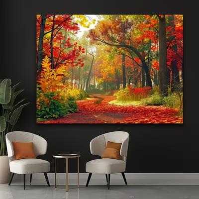2D Warm Autumn Forest Leaf Path Wall Hanging Backdrop