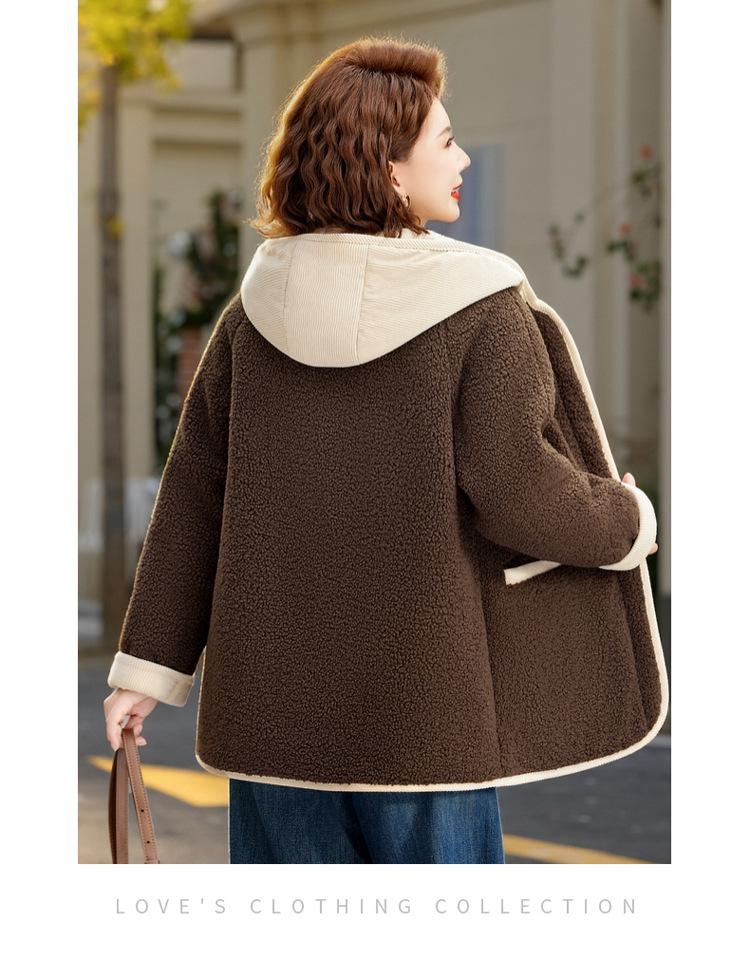 Women's Hooded Lamb Wool Cotton Jacket - Velvet, Thick, Casual Winter Coat for Middle-Aged & Elderly Moms