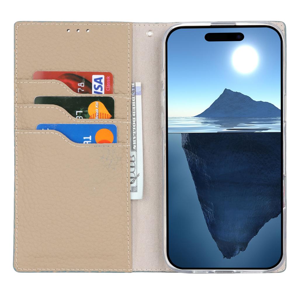 For iPhone 17 Wallet Case Genuine Cow Leather Phone Cover Litchi Texture