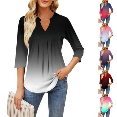 Tops femininos com mangas sete quartos, decote em V casual, babados no peito, cor sólida, camiseta solta