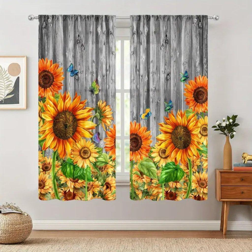 1pc Wooden Sunflower Curtains Semi-shading Grommet Top Curtains For Bedroom Living Room Office Home Decor