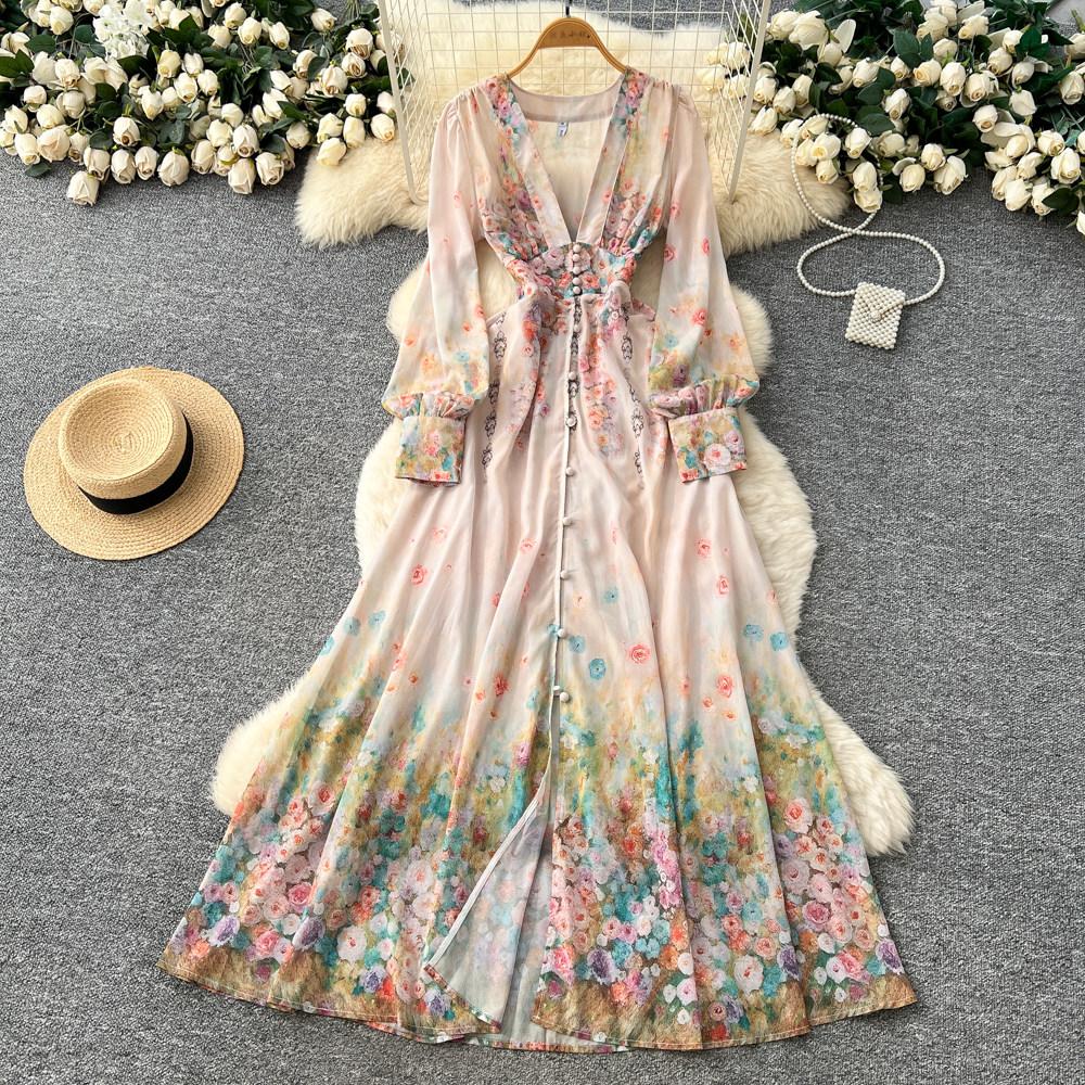 Palace Floral Maxi Dress Women Summer Holiday Chiffon Long Dresses Shirt 2026 Spring Long Sleeve Single Breasted Party Dress