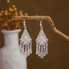 Ethnic Miao Silver Style Long Tassel Earrings with Ancient Scenic Stud Design for Women
