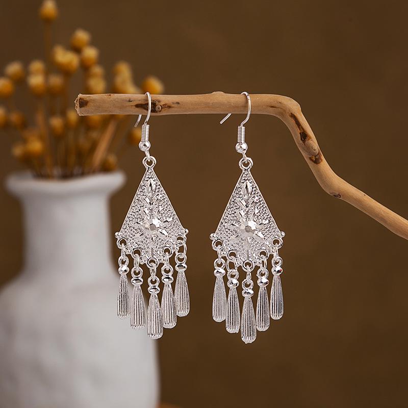 Ethnic Miao Silver Style Long Tassel Earrings with Ancient Scenic Stud Design for Women