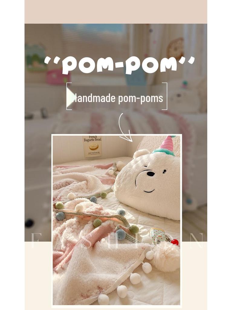 250G Two-Color Cationic Jacquard Throw Blanket with Small Handmade Pom-Poms