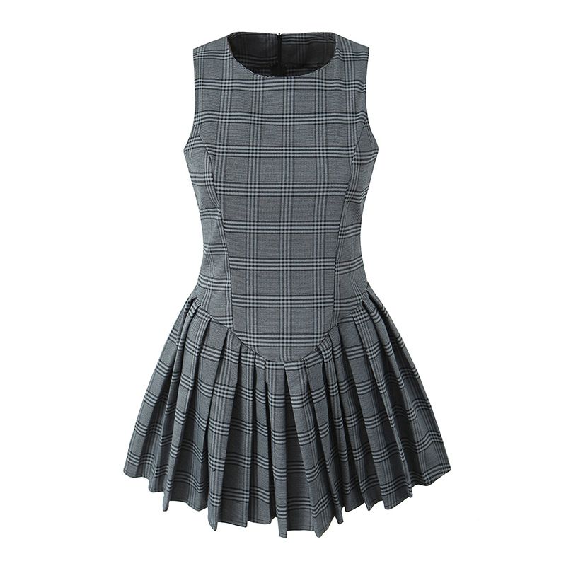 

British and French Art Student American Sweet and Spicy Retro Plaid Design Sense Gyaru Waist Hugging Sleeveless Pleated Dress Short dress Gray check L
