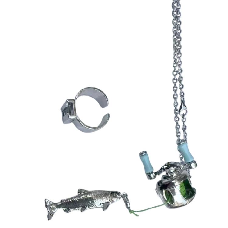 

Interactive Fishing Reel Jewelry Charm Necklace Ring Set Realistic Rotation Feature Handmade for Special Occasion