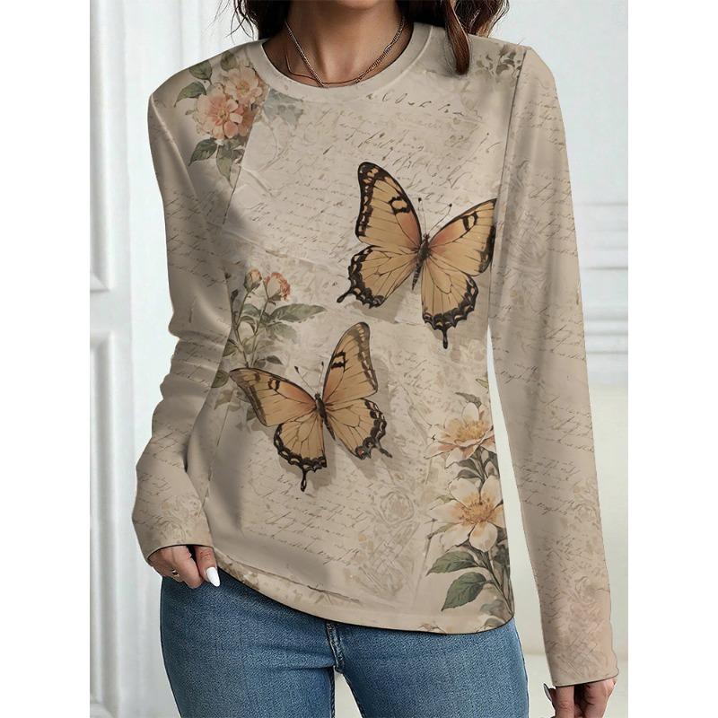 New Autumn Women's Long-Sleeved T-Shirt Casual T-Shirt Top T-Shirt Vintage Floral Pattern OverSize Women's Clothing