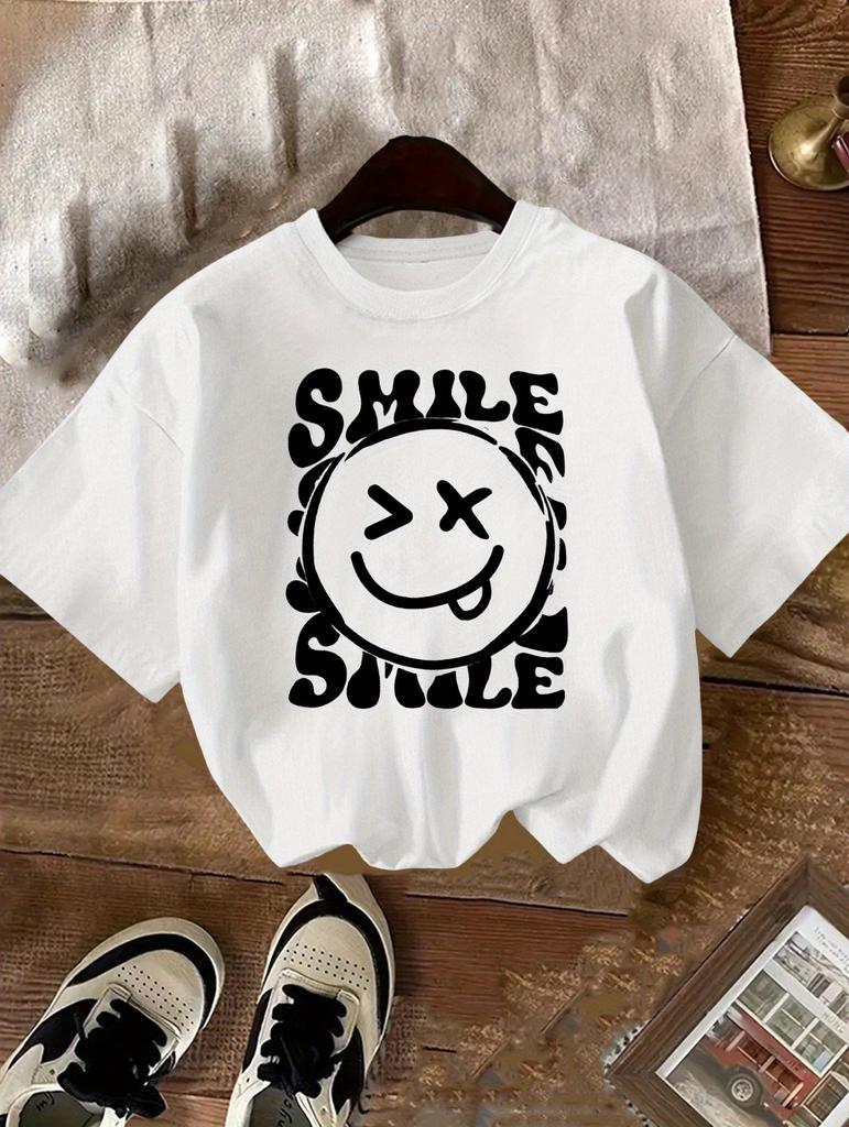 2026 Summer Fashion Round Neck Pure Cotton Tshirt for Girls with Letter Smiley Face Cute Shortsleeved Breathable Casual Top