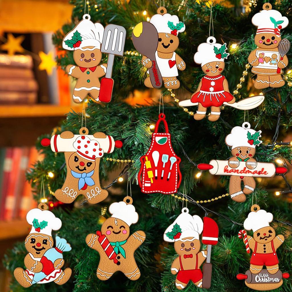 12 PVC Gingerbread Man Ornaments for Christmas Tree, Kitchen Decoration, and DIY Accessories.