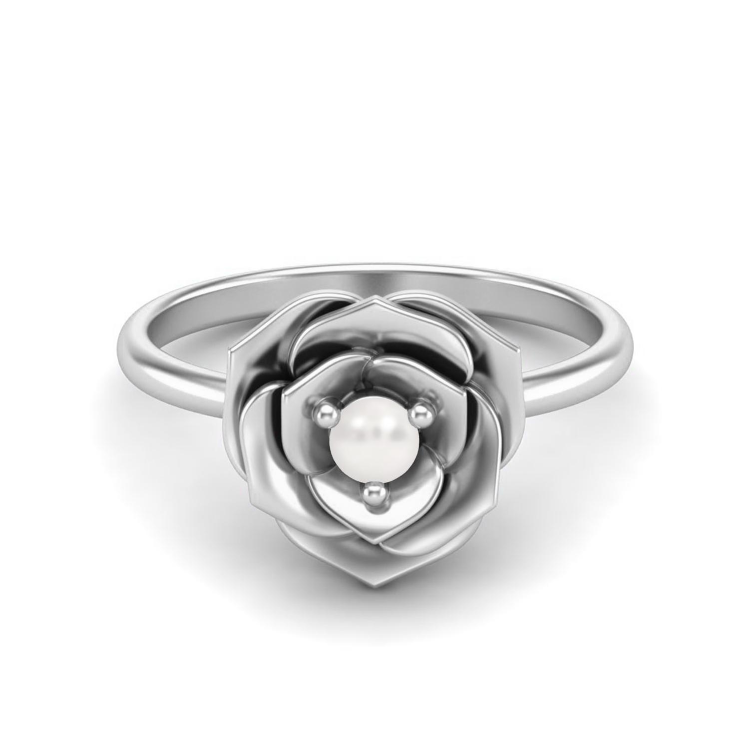

925 Sterling Silver 3 MM Round Pearl Blossom Rose Flower Women Wedding Ring 9 белый